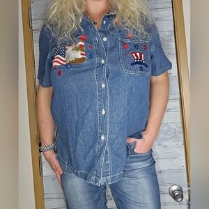 Vintage 90's Quizz Again Jeans Denim Americana Eagle Short Sleeve Button Shirt